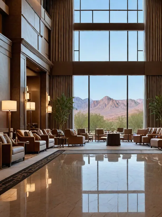 Hotel renovation design. Lobby area with modern furniture and lighting